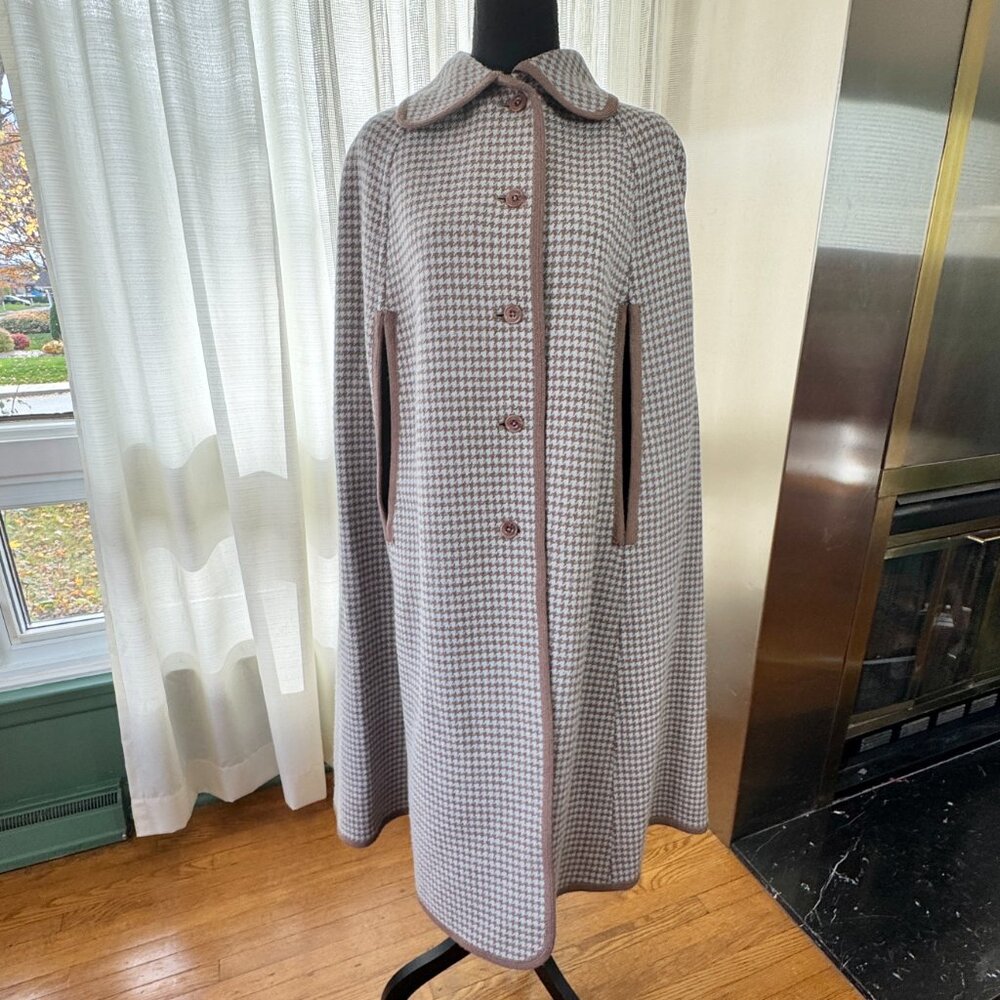 Vintage 60s reversible cape, blue tan plaid, wool blend, Wetherall UK, up to XXL